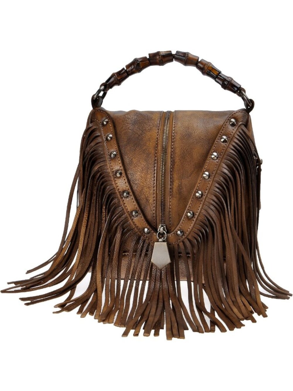 Stylish Women's Leather Fringe Crossbody Bag with Bamboo Handle & Studded Detail